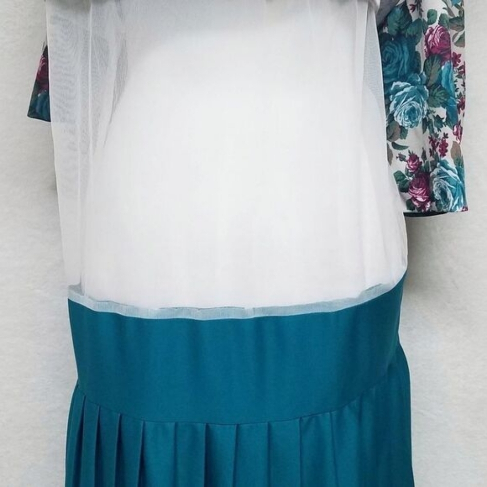 80s Vintage Classic Apparel Teal Cabbage Rose Pleated Quarter Sleeve Midi Dress - Picture 13 of 15